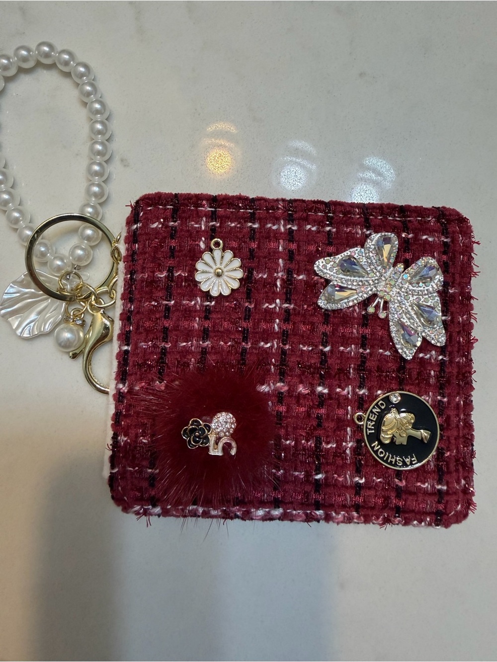 Embellished Burgundy Tweed mirror with pearl-like wristlet and keychain